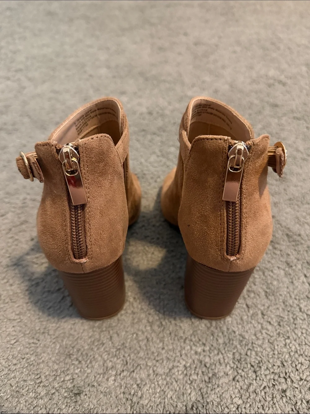 Suede Peep-Toe Block Heel Booties - Tan